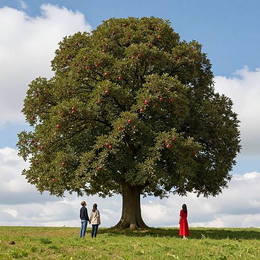 Photograph of three people under a large apple tree with red apples, blue sky, white clouds, grassy field, one in red dress.