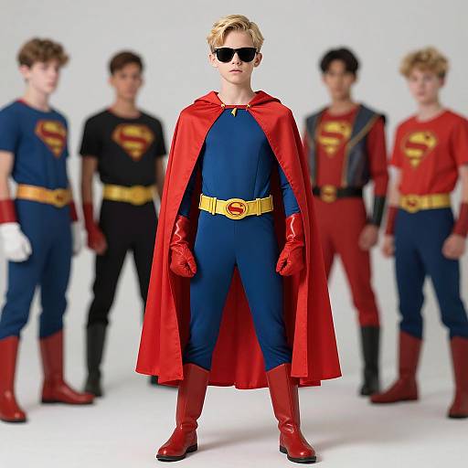 Photograph of a young blond boy in a Superman costume, red cape, blue suit, yellow belt, and red boots, standing front and center with