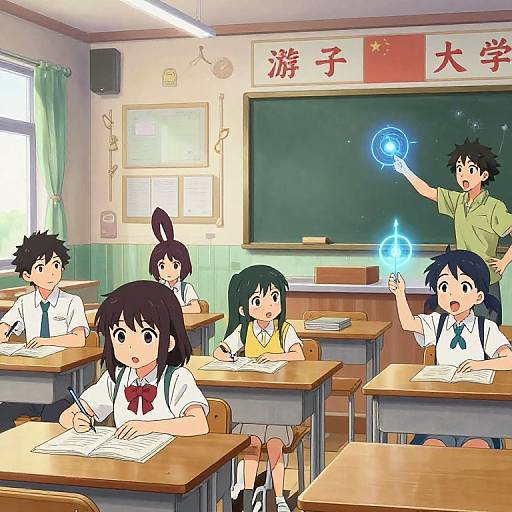 Anime-style classroom scene: six students in white shirts and blue ties, one male teacher with black hair conjuring blue magic orbs. Green curtains, chalk