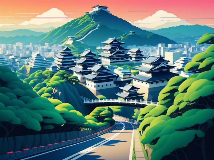 Japanese Castle on Lush Hillside at Sunset