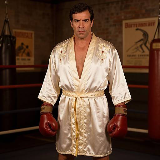 Photograph of a muscular man with short dark hair, wearing a shiny white satin robe and red boxing gloves, standing in a dimly lit boxing ring