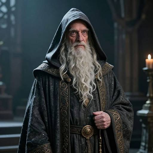 Photograph of a wise, elderly wizard with a long white beard, wearing a dark, ornate hooded robe, standing in a dimly lit