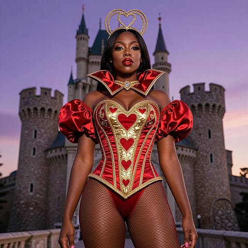 Photograph: Confident Black woman in red and gold corset, fishnet stockings, heart-shaped halo, stands before a castle at sunset.