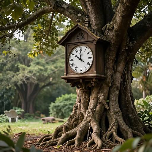 Photograph of a vintage, wooden clock mounted on the thick, intertwining roots of a large tree in a lush, green park.
