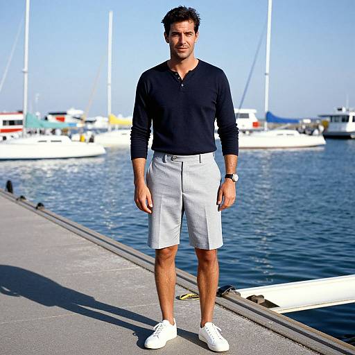 Photograph of a handsome, dark-haired man in a black long-sleeve shirt, white shorts, and white sneakers standing on a sunny pier with