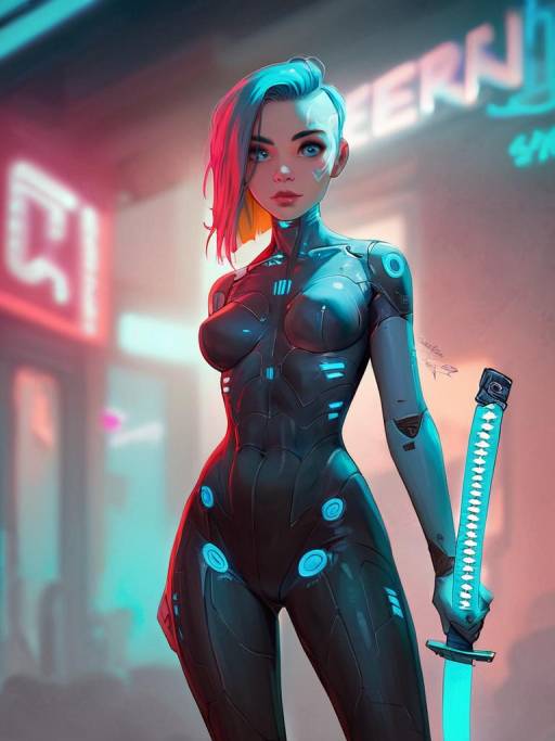 Fierce Female Warrior in Cyberpunk Setting