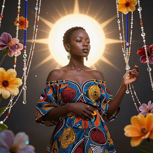 Photograph: Dark-skinned woman with short curly hair, wearing colorful off-shoulder dress, holding beads, illuminated by sunburst background, surrounded