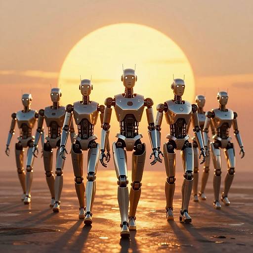 Photograph of five silver robots walking in a line towards a large, glowing sunset on a reflective, wet surface.