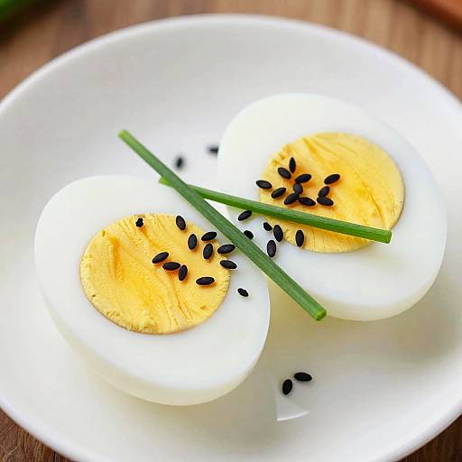 Photograph of two hard-boiled egg halves on a white plate, garnished with black sesame seeds and green onion slices.