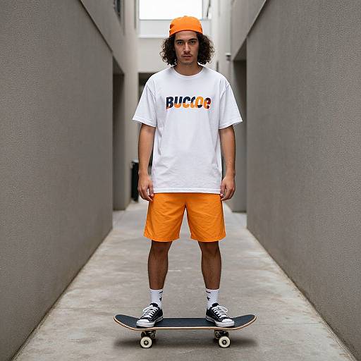Photograph of a young man with curly hair, wearing an orange cap, white 