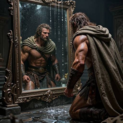 Muscular, bearded man with shoulder-length hair kneels before ornate mirror, reflecting his intense, water-dripped, battle-ready, ancient