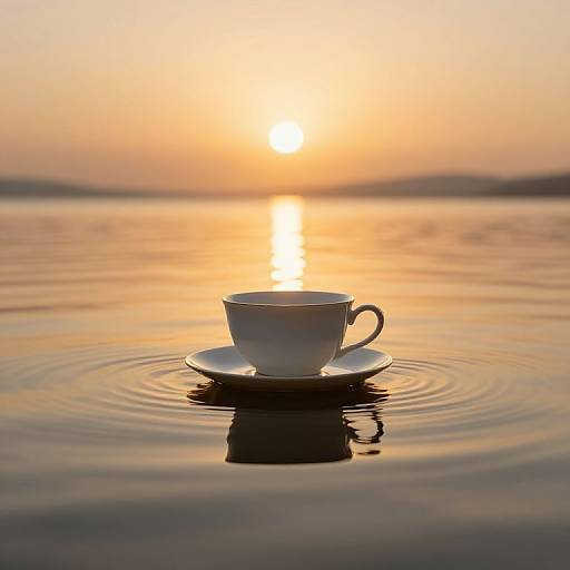 Photograph of a white teacup on a saucer floating on calm water at sunset, with ripples around it and a bright orange sky reflecting