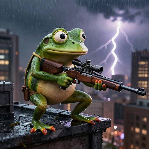 CGI image of a green frog with large eyes, wearing a brown strap, holding a rifle, standing on a rainy city rooftop during a lightning storm