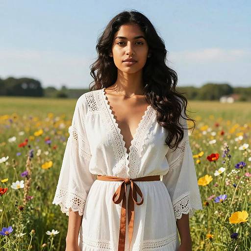 Photograph of a young woman with long black hair, wearing a white lace-trimmed V-neck dress with brown belt, standing in a sunlit