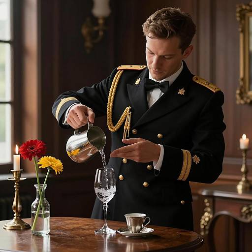 Military Man Pouring Water at Table
