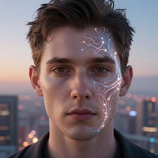 Photograph of a young man with dark hair, light skin, and serious expression, with a glowing, neon-like circuit pattern on his right cheek,