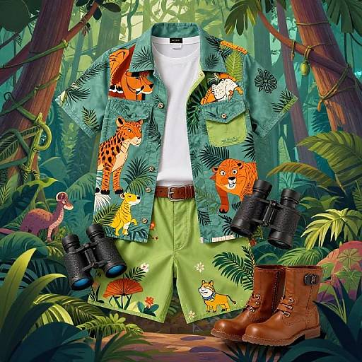 Vibrant jungle-themed outfit: green shirt with cheetahs, white shirt, green shorts, black binoculars, brown boots; forest