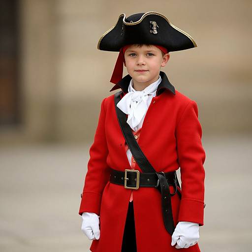 Photograph of a young boy in a red 18th-century pirate costume with black tricorn hat, white shirt, black belt, and white gloves