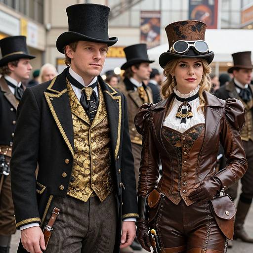 Photograph of Victorian-era steampunk couple: man in black top hat, gold embroidered vest; woman in brown leather corset, goggles, top