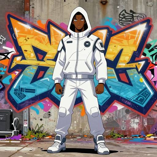 Futuristic Black Male Character in White Hoodie with Graffiti Background
