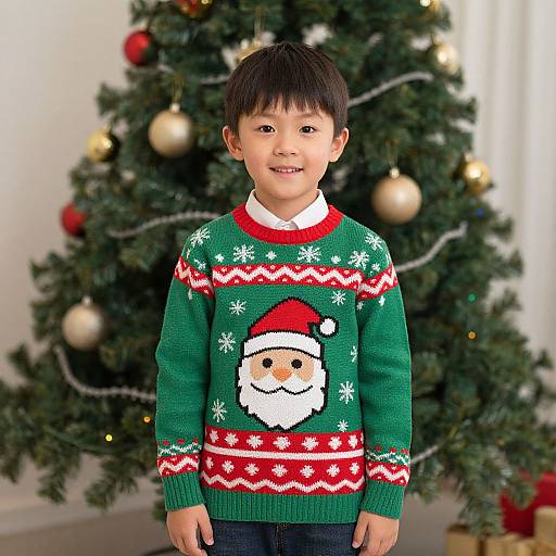 Photograph of a smiling Asian boy in a green Christmas sweater with a Santa design, standing in front of a decorated Christmas tree.