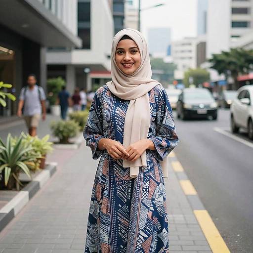 Photograph of smiling Muslim woman in white hijab and blue patterned dress standing on urban street, cars and buildings blurred background.