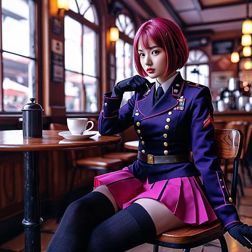 Digital anime-style artwork of a red-haired girl in a navy military uniform with gold buttons, pink skirt, and black thigh-high socks, sitting at a