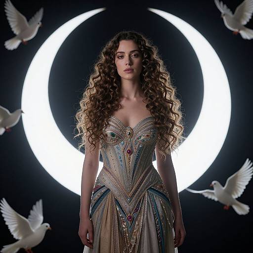 Photograph of a curly-haired woman in an ornate, strapless, beaded gown, standing before a bright moon against a black background, surrounded