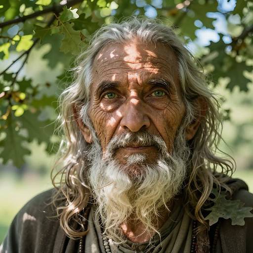Photograph of an elderly man with long, wavy white hair and beard, green eyes, and sunlit, leaf-patterned face, standing outdoors
