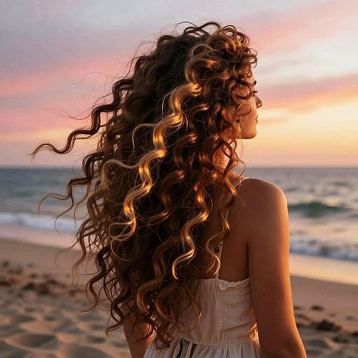 Photograph of a woman with long, wavy, blonde and brown curly hair, wearing a strapless white dress, standing on a beach at sunset