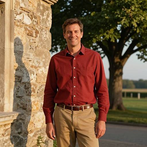 Friendly Man by Stone Building