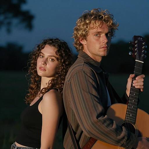 Couple Outdoors at Night with Guitar