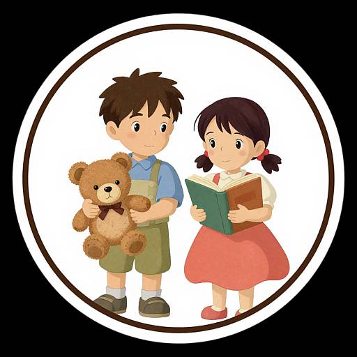 Digital illustration of a boy with brown hair holding a teddy bear, and a girl with black hair reading a book, both inside a white circular frame