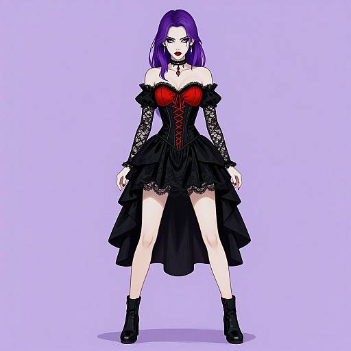 Digital anime-style drawing of a purple-haired woman in a black lace off-shoulder dress with red corset, black ankle boots, against a pale