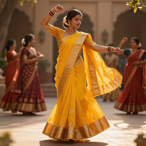 Photograph of an Indian woman in a vibrant yellow saree, dancing gracefully outdoors, surrounded by women in red sarees, sunlit.