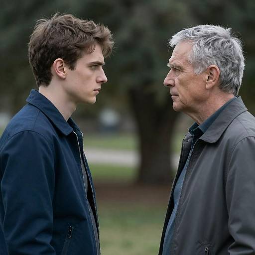 Intense Stare Between Young and Older Man Outdoors