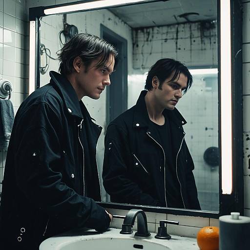 Feminine Man in Black Techwear by Bathroom Mirror
