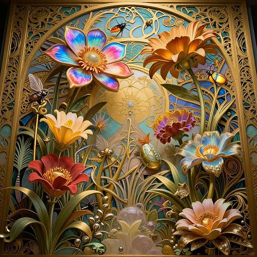 Vibrant, intricately detailed stained glass artwork of colorful flowers, butterflies, and bees, set against a golden, ornate background.