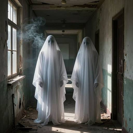 Photograph of two ghostly figures in white, hooded sheets standing in a dim, dusty, and cracked hallway with sunlight filtering through a window.