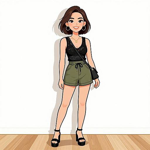 Digital illustration of a smiling woman with short brown hair, wearing a black sleeveless top, olive green shorts, black heels, and hoop earrings, standing