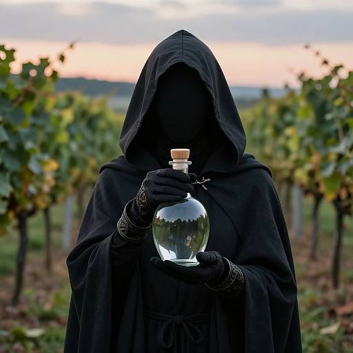 Mysterious figure in black hooded cloak, black gloves, holding clear glass bottle, standing in vineyard at sunset. Photographic image.