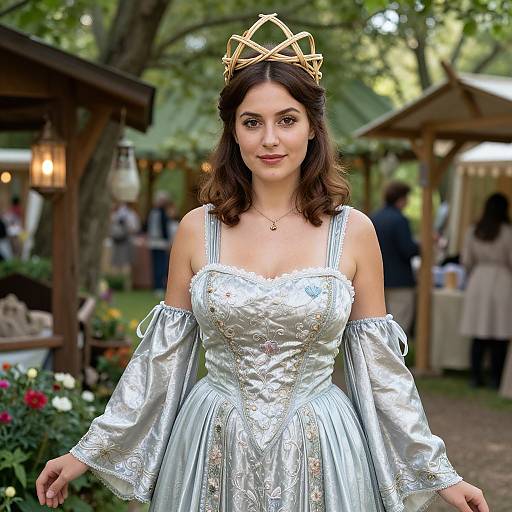 Photograph of a brunette woman with wavy hair, wearing a silver, off-shoulder, floral-embroidered gown and gold crown,