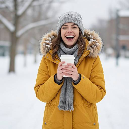 Photograph of a smiling young woman in a yellow winter coat with fur hood, gray knit hat, and scarf, holding a coffee cup in a snowy