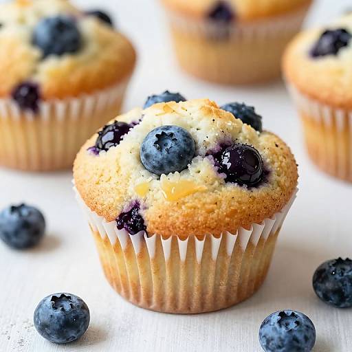 Photograph of blueberry muffins with golden tops, scattered blueberries, and white paper liners on a white wooden surface.