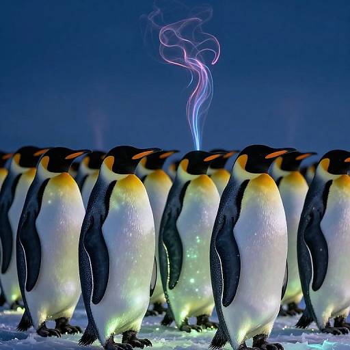 Photograph of a group of Emperor penguins with glowing yellow-orange chest patches, standing on icy ground under a dark blue sky, with a vivid,