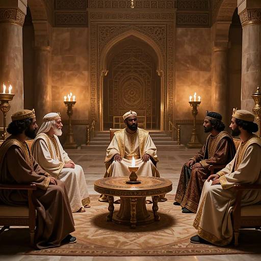 Photograph of six Middle Eastern men in traditional robes and headscarves, sitting in a warmly lit, ornate, ancient mosque, around a wooden