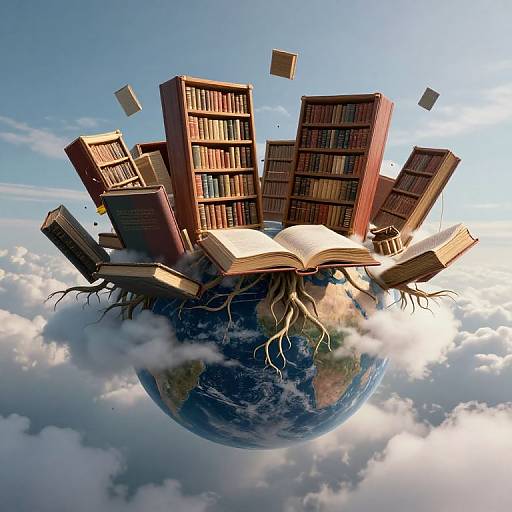 Digital artwork of a floating Earth with bookshelves and books emerging from an open book, surrounded by clouds and blue sky.