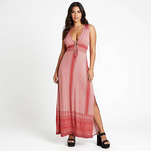 Photograph of a plus-size woman with long dark hair, wearing a red floral maxi dress with a deep V-neck and black wedge sandals, standing against