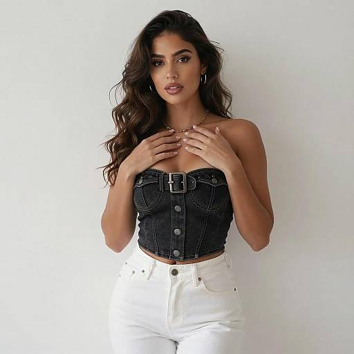 Confident Woman in Black Denim Corset