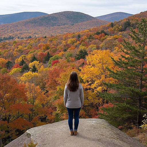 Photograph of a woman with long brown hair, wearing a gray jacket and blue jeans, standing on a rock, facing a vibrant autumn forest with hills